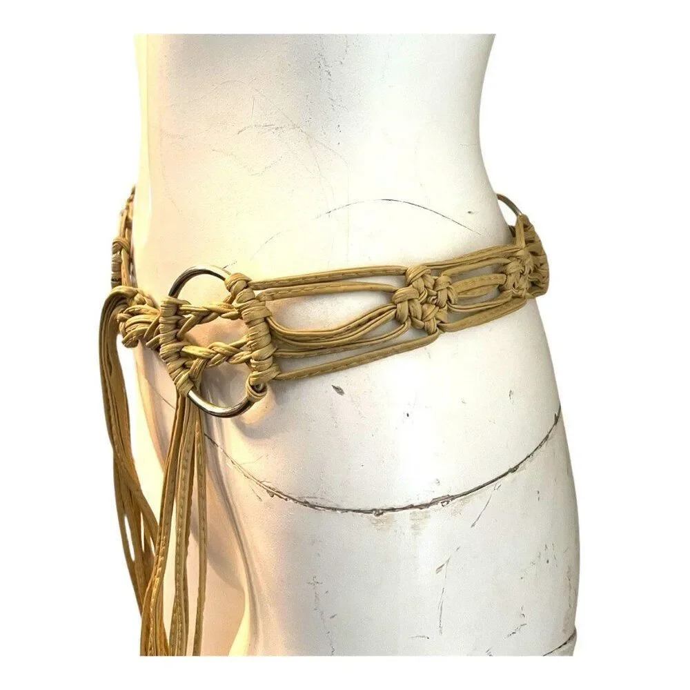 Tan Faux Leather Knotted Rope Waist Belt Round Silver Metal Rings Long Strands